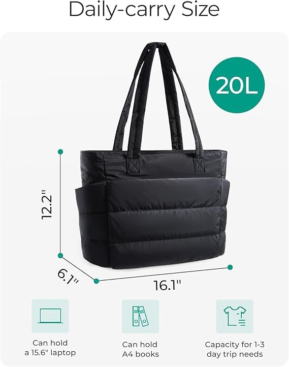 Prplet Tote Bag for Woman | Lightweight Puffy Shoulder Handbag with Multi Compartment | Travel, Office, Gym & Daily Use | Durable Taslan Fabric (Black) - Image 2