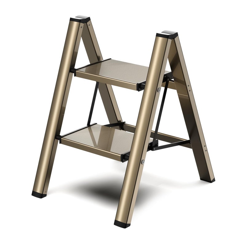 GameGem 2 Step Ladder, Folding Step Stool with Wider Pedal, Anti-Slip Feet & Non Slip Stripes, Aluminum Sturdy Material, 300Lbs Capacity, Elegant Look of Champagne Gold Better Matches Your Home - Image 1