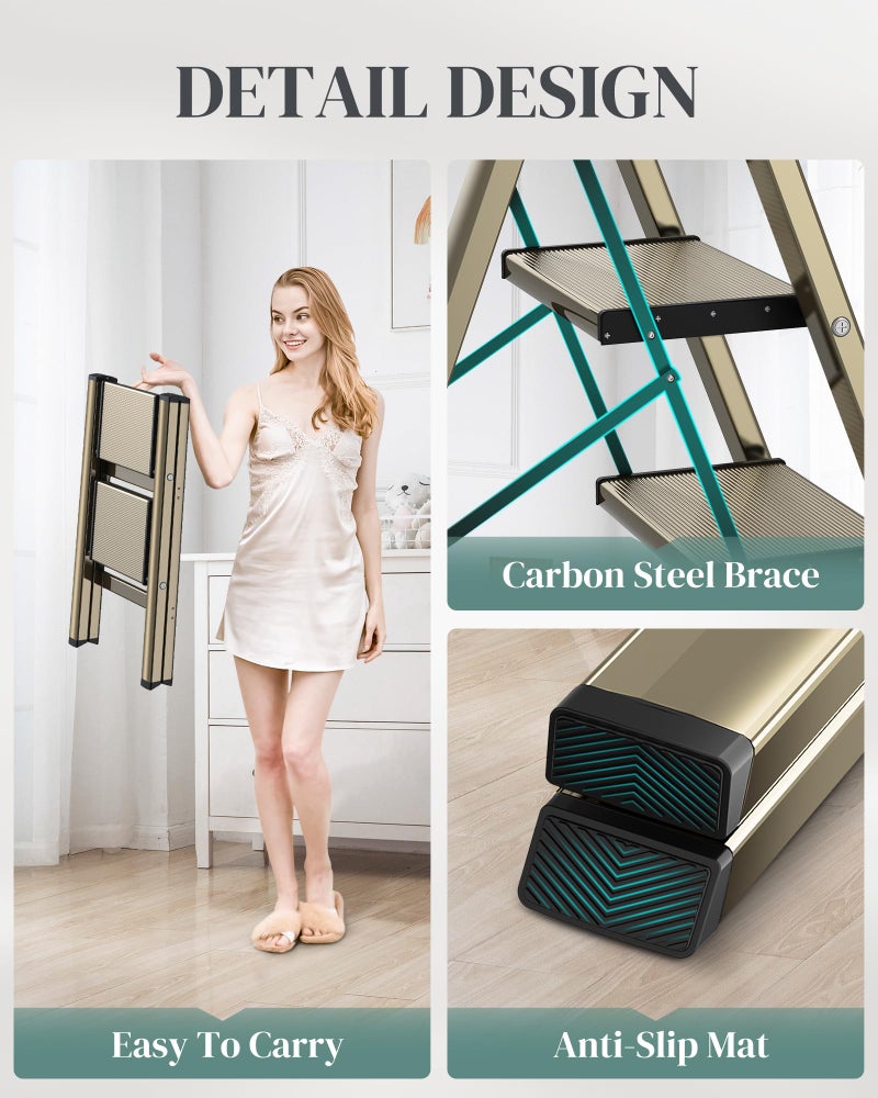 GameGem 2 Step Ladder, Folding Step Stool with Wider Pedal, Anti-Slip Feet & Non Slip Stripes, Aluminum Sturdy Material, 300Lbs Capacity, Elegant Look of Champagne Gold Better Matches Your Home - Image 4