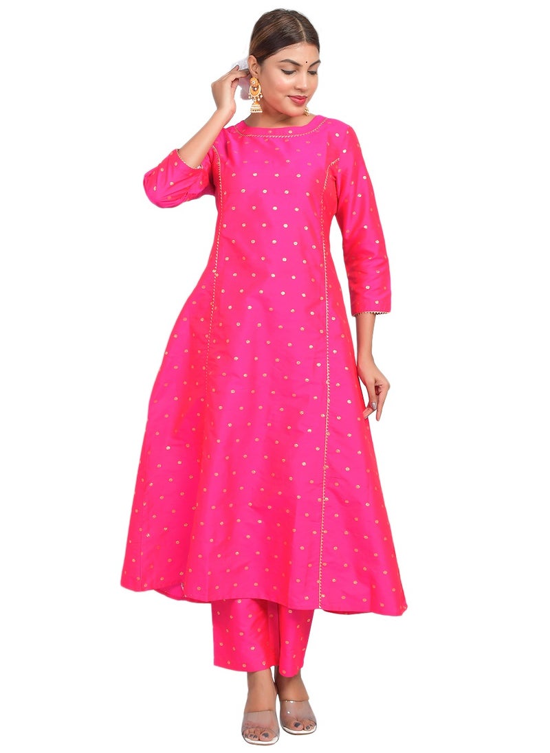 Riara - Women Fuschia Pink Kurta Pant Set Summer Suit Solid Colour Flared Kurti with Pant Casual Kurta Set for Girls  Don't Bleach.  Art Silk (Taffeta Booty) Size XL - Image 1