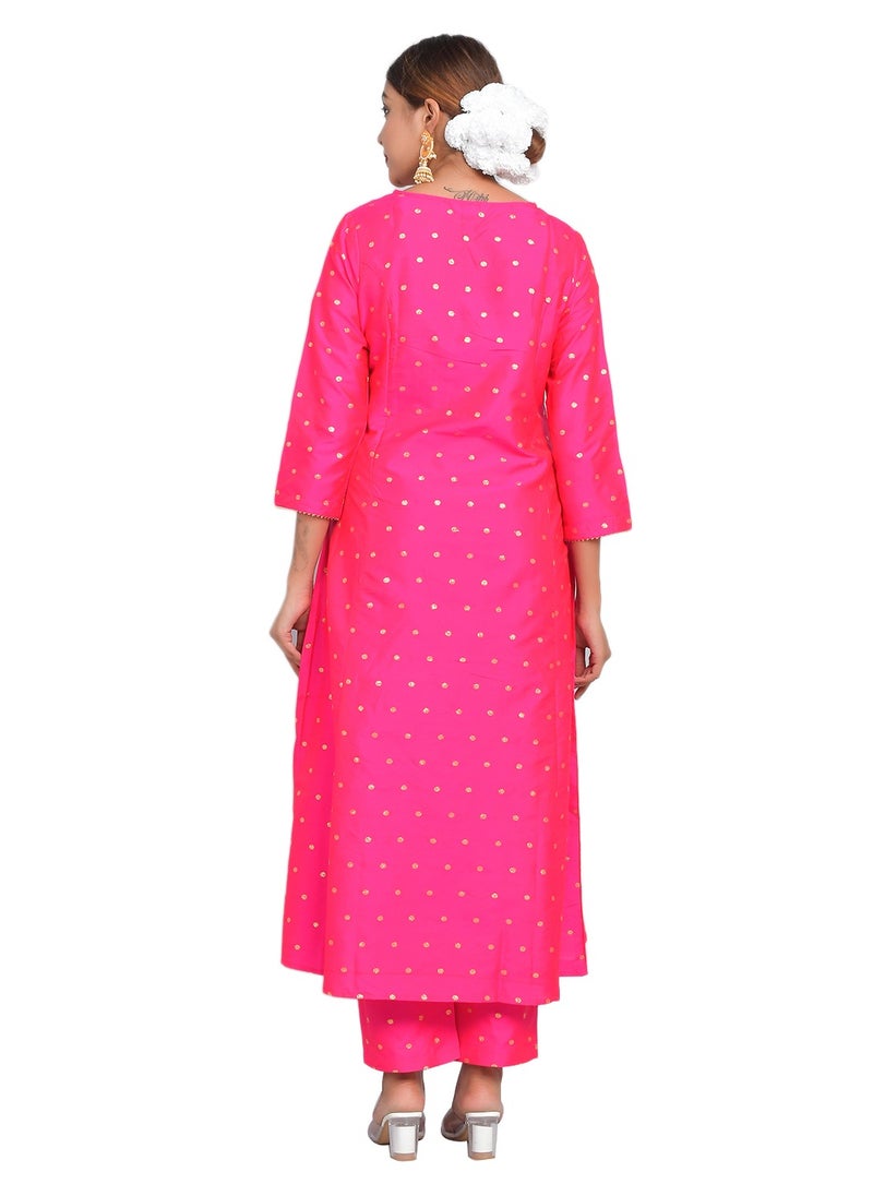 Riara - Women Fuschia Pink Kurta Pant Set Summer Suit Solid Colour Flared Kurti with Pant Casual Kurta Set for Girls  Don't Bleach.  Art Silk (Taffeta Booty) Size XL - Image 1