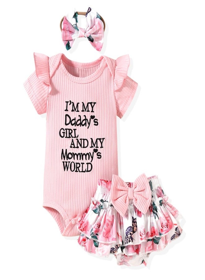 HIHA Newborn Infant Baby Girl Summer Clothes Ruffle Bodysuit Floral Shorts Outfit NB Daddys Mommys World Clothing with Headband Pink - Image 1