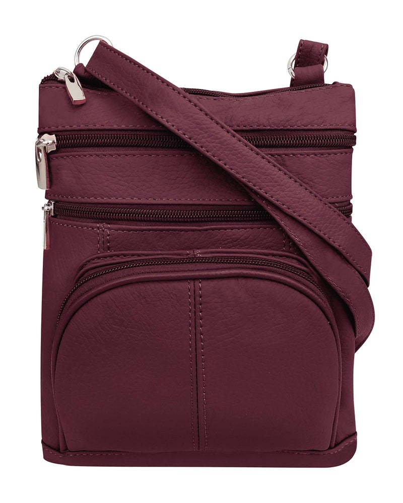 Roma Leathers Genuine Cross Body Purse Bag, Multi-Pocket (Wine) - Image 1