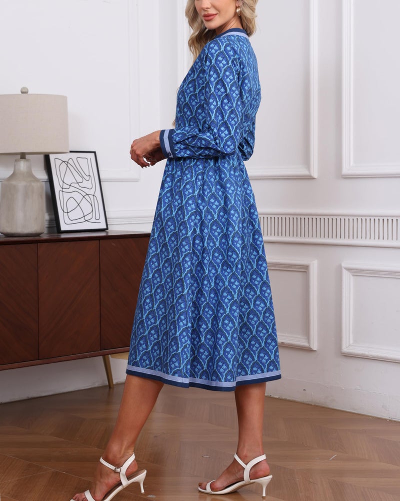 YEXPINE Women's Fall Floral Midi Dress Casual Long Sleeve V Neck A Line Elastic Waist Flowy Boho Dresses Blue - Image 3