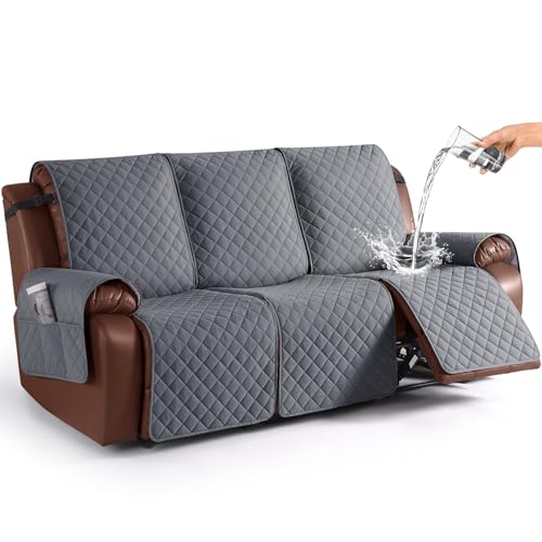 KinCam Waterproof Recliner Sofa Cover, Non-Slip Reclining Couch Covers for 3 Seat, Recliner Couch Cover Furniture Protector with Elastic Straps for Pets, Kids, Dark Gray - Image 1
