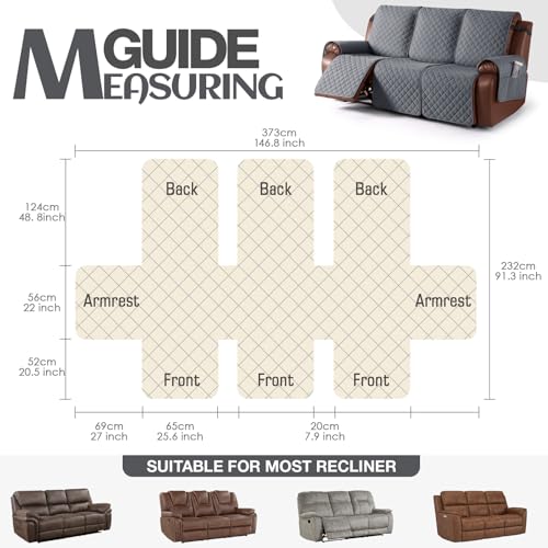 KinCam Waterproof Recliner Sofa Cover, Non-Slip Reclining Couch Covers for 3 Seat, Recliner Couch Cover Furniture Protector with Elastic Straps for Pets, Kids, Dark Gray - Image 2