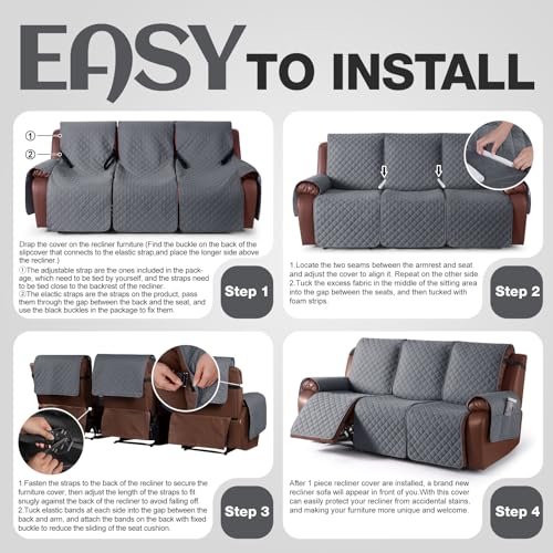 KinCam Waterproof Recliner Sofa Cover, Non-Slip Reclining Couch Covers for 3 Seat, Recliner Couch Cover Furniture Protector with Elastic Straps for Pets, Kids, Dark Gray - Image 5