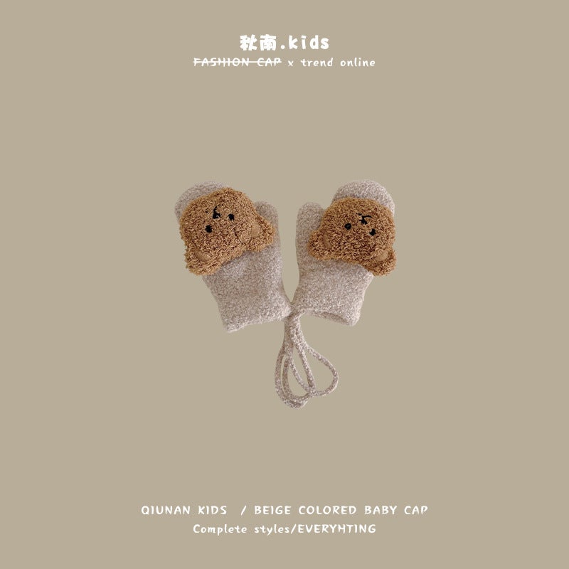 Cute Cartoon Bear Kids Gloves Warm Plush Autumn Winter Khaki (1-4 years old) 
