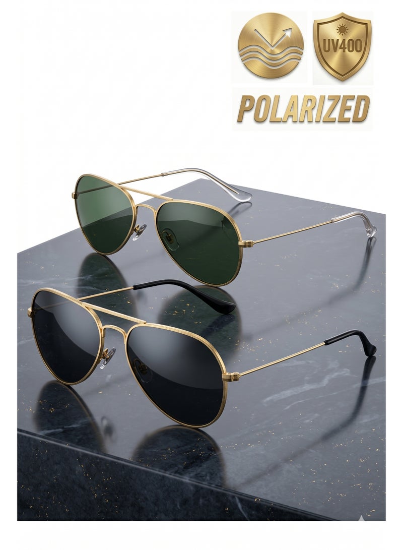 Pack of 2 Polarized Oversized Pilot Sunglasses Unisex, Classic Metal Frame, UV400, G15 Green & Black Grey - Image 1