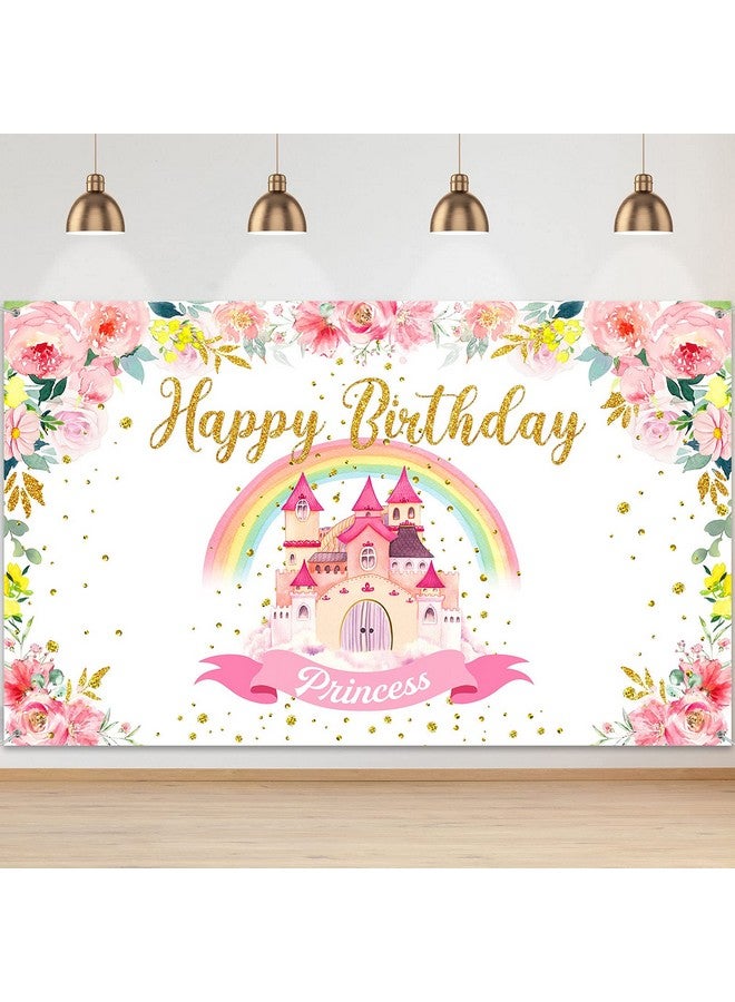 Tegeme Princess Birthday Party Backdrop Pink Royal Castle Birthday Photography Background Rainbow And Flower Happy Birthday Party Background Banner For Girl Baby Birthday Party Decoration 6 X 3.6 Ft - Image 2