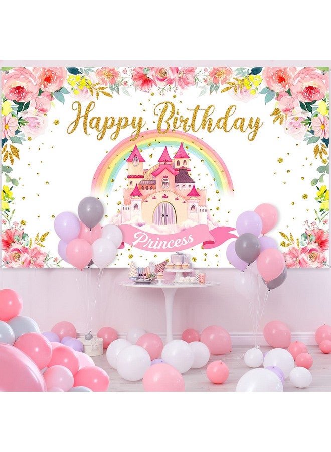 Tegeme Princess Birthday Party Backdrop Pink Royal Castle Birthday Photography Background Rainbow And Flower Happy Birthday Party Background Banner For Girl Baby Birthday Party Decoration 6 X 3.6 Ft - Image 5