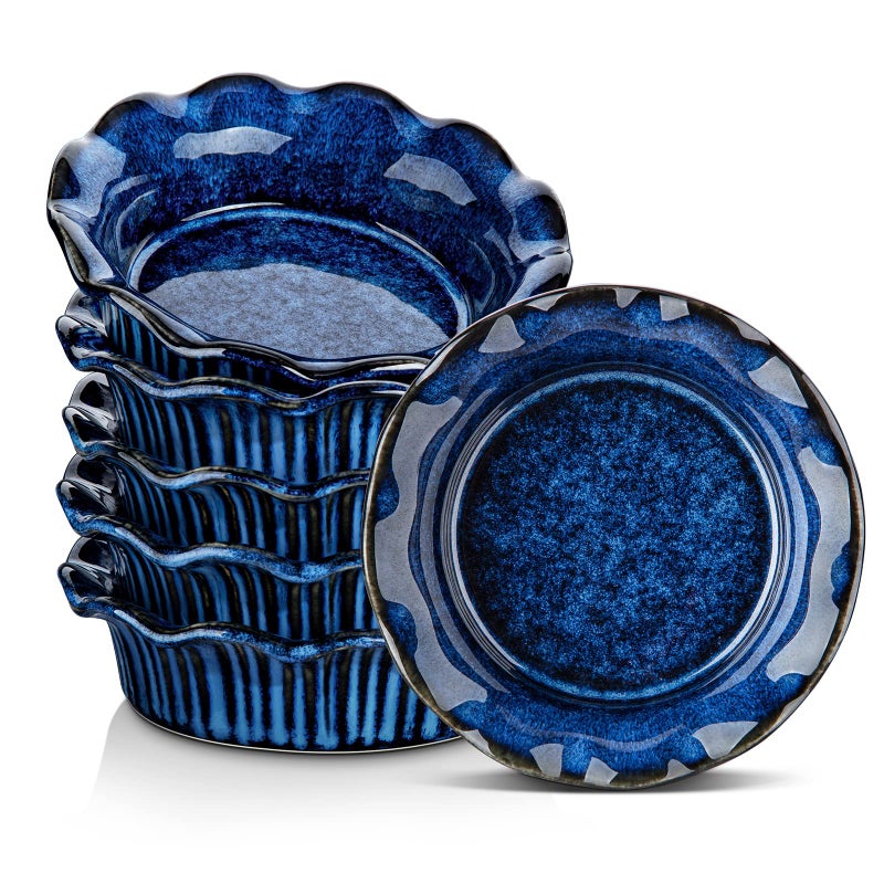 vancasso Mini Pie Pans Set of 6, 5.2 Inch Ceramic Deep Dish Pie Plates with Ruffled Edge for Baking, Microwave & Oven Safe, Blue - Image 1