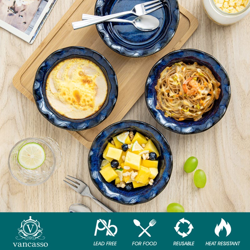 vancasso Mini Pie Pans Set of 6, 5.2 Inch Ceramic Deep Dish Pie Plates with Ruffled Edge for Baking, Microwave & Oven Safe, Blue - Image 3