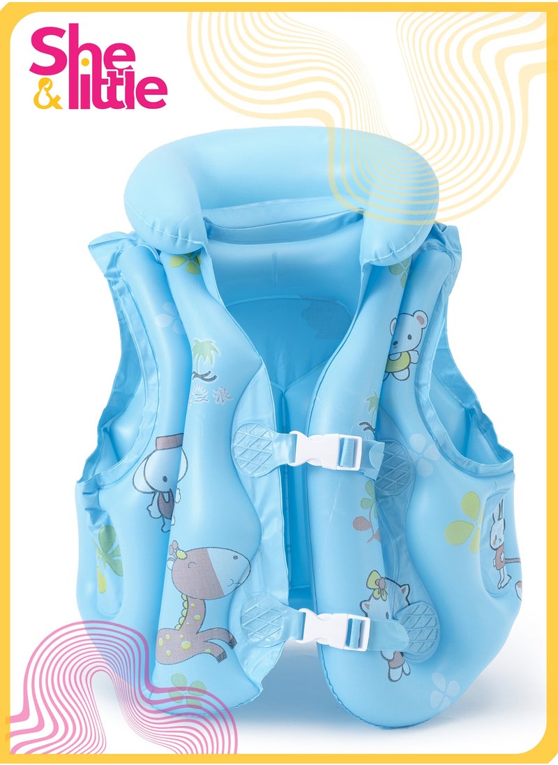She&Little Kids Inflatable Swim Vest, Cartoon Safety Float Jacket with Neck Support and Adjustable Buckles for Toddlers 5-7 Years（Blue）  - Image 1