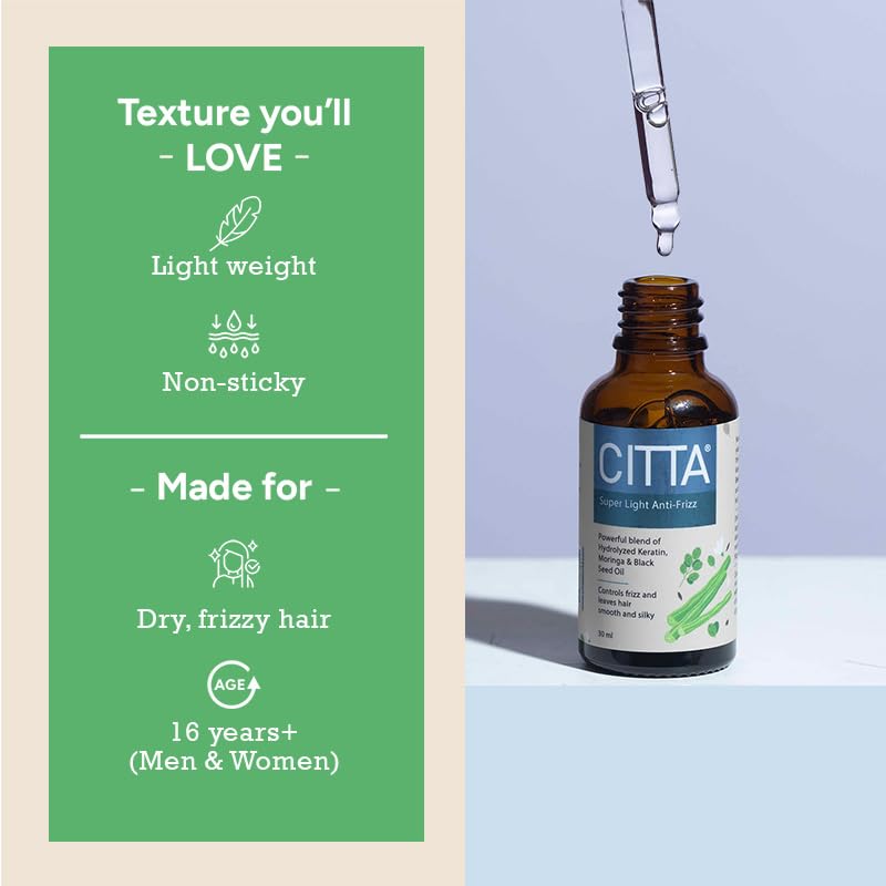 CITTA سيروم الشعر الخفيف للغاية ضد التجاعيد من CITTA لجميع أنواع الشعر وفروة الرأس - سيروم مضاد لتساقط الشعر للرجال والنساء - سيروم للتحكم في التجاعيد مع زيت المورينغا وزيت الحبة السوداء - علاج خفيف بعد الشامبو - يروض الشعر الجامح - 30 مل - Image 4