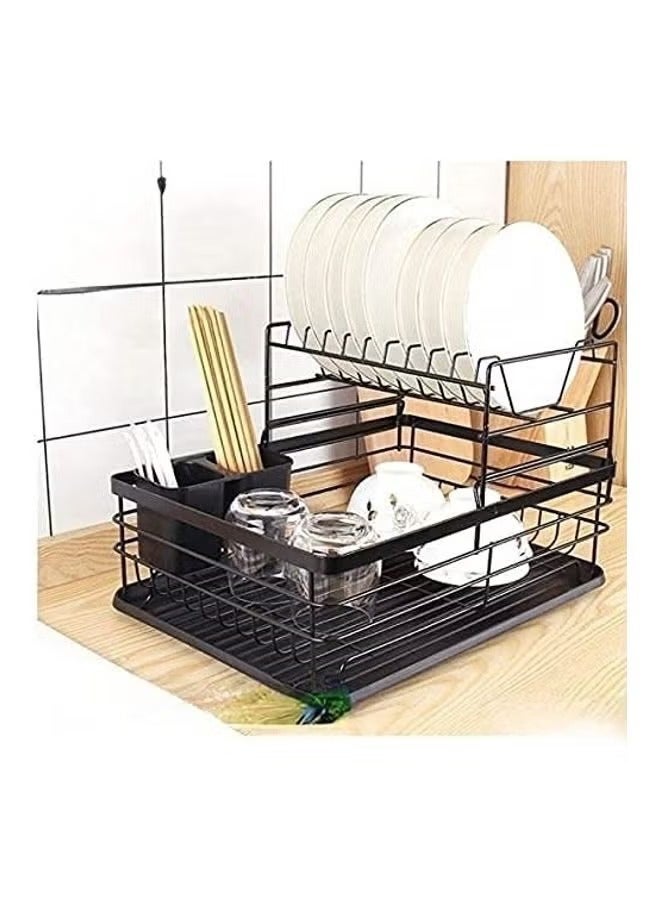 Dish Drainer Rack - Plate, Silverware, Pots and Pans Drying Rack for Kitchen with Beechwood Handles - Modern Retro Design Drip Tray - Black - Image 3