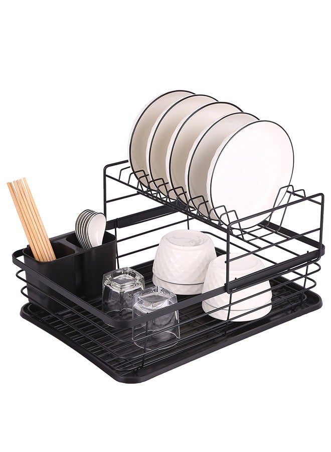 Dish Drainer Rack - Plate, Silverware, Pots and Pans Drying Rack for Kitchen with Beechwood Handles - Modern Retro Design Drip Tray - Black - Image 4
