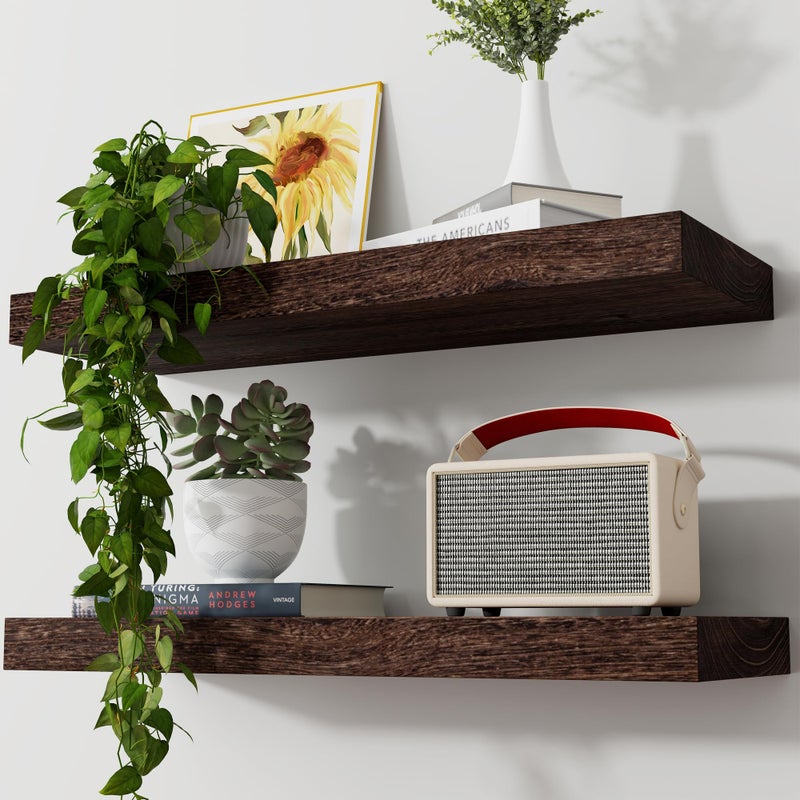 Axeman Floating Shelves, 2 Pack 8 Inch Deep Rustic Solid Wood Wall Shelves for Storage, Wall Mounted Display Shelving with Invisible Heavy-Duty Metal Bracket, 24" W x 8" D x 1.6" H, Rustic Brown - Image 1