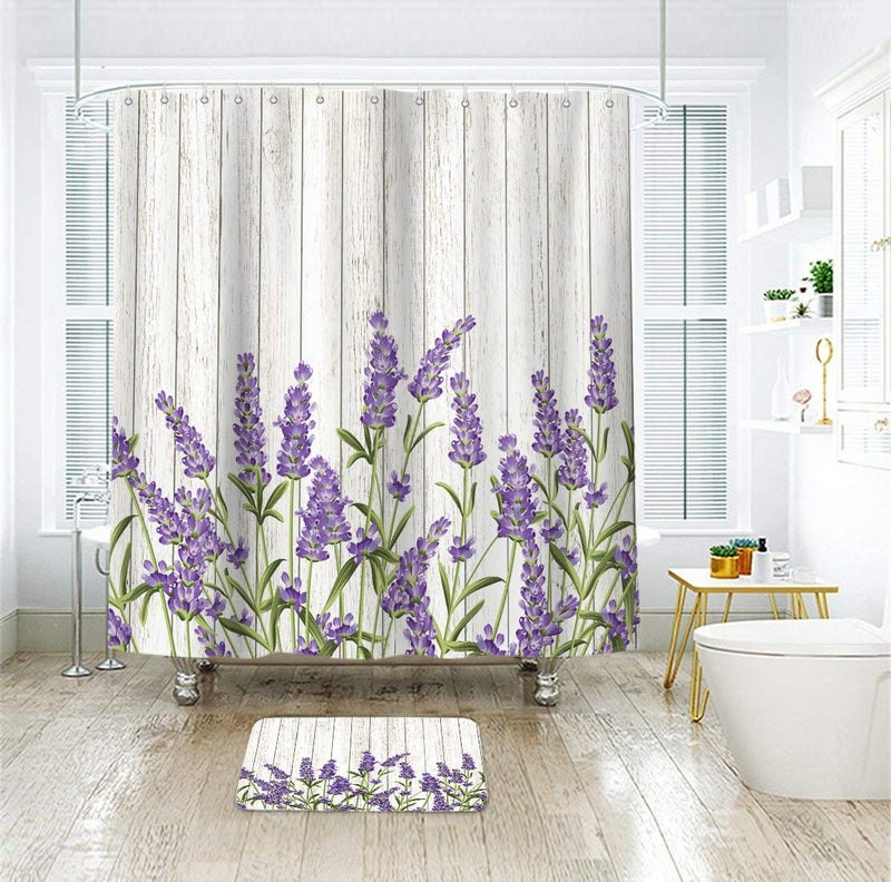 Riyidecor Purple Lavender Shower Curtain Lilac Rustic Wooden Flowers Floral Farmhouse Country Plank Plant Vintage Decor Fabric Polyester Waterproof 72Wx72H Inch 12 Pack Plastic HooksRY-JWXH - Image 2
