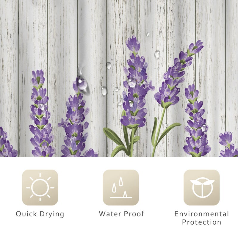Riyidecor Purple Lavender Shower Curtain Lilac Rustic Wooden Flowers Floral Farmhouse Country Plank Plant Vintage Decor Fabric Polyester Waterproof 72Wx72H Inch 12 Pack Plastic HooksRY-JWXH - Image 5