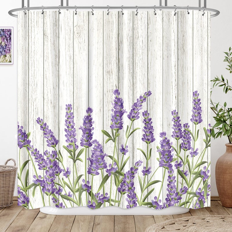 Riyidecor Purple Lavender Shower Curtain Lilac Rustic Wooden Flowers Floral Farmhouse Country Plank Plant Vintage Decor Fabric Polyester Waterproof 72Wx72H Inch 12 Pack Plastic HooksRY-JWXH - Image 1