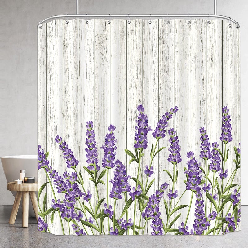 Riyidecor Purple Lavender Shower Curtain Lilac Rustic Wooden Flowers Floral Farmhouse Country Plank Plant Vintage Decor Fabric Polyester Waterproof 72Wx72H Inch 12 Pack Plastic HooksRY-JWXH - Image 3