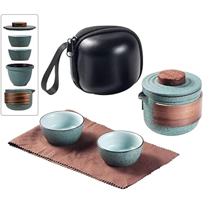 rayihni Mini Travel Ceramic Tea Pot Set Chinese Kung Fu Teapot 1 Pot 2 Cups Porcelain Teacup With Tea Infuser Portable Bag For Outdoor Picnic Hotel Green - Image 2