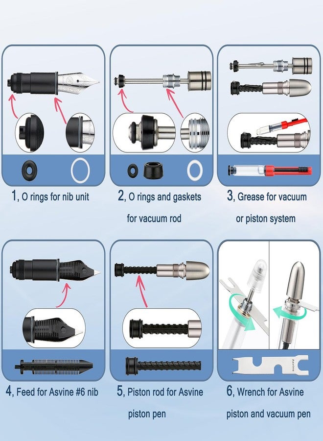 Asvine Vacuum and Piston Fountain Pen Accessories, Repair Parts Kit, O-Rings, Gaskets, Piston Rod, Grease, Feeds, Wrench - Image 2