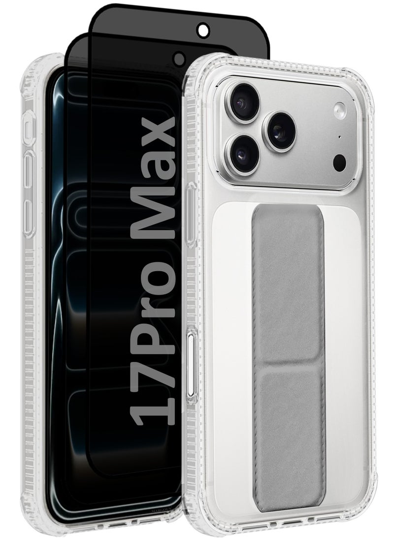 CATANES 3 Packs Finger Grip Clear Case Cover for iPhone 17 Pro Max - Kickstand Car Magnetic Holder Multi-function Protective Two-in-one Case with Two Privacy Screen Protectors - Grey - Image 1