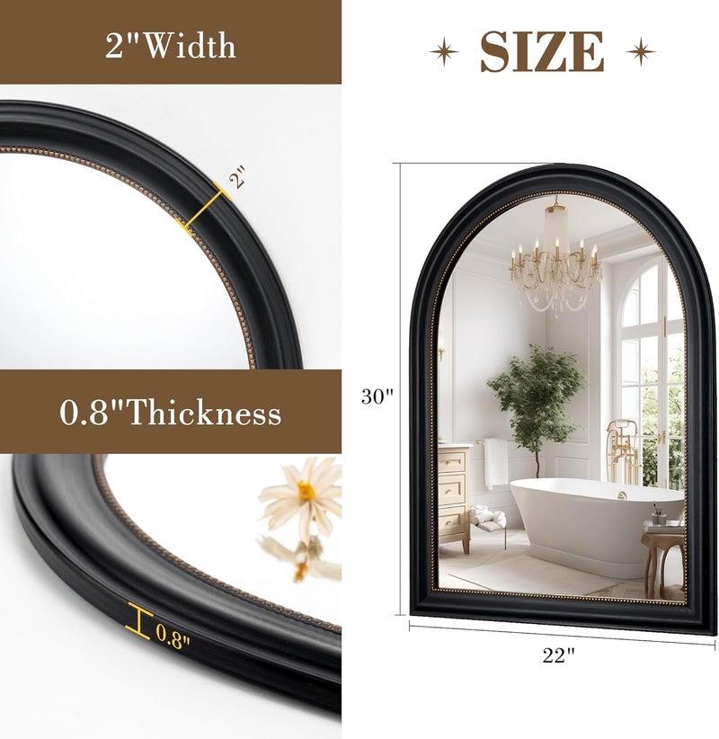 Axeman 22x30 Arched Wall Mirror, Decorative Bathroom Mirror, Traditional Vintage Wall Mounted Mirror with Beaded Frame for Accent Living Room Vanity Bedroom Entryway, Black - Image 5