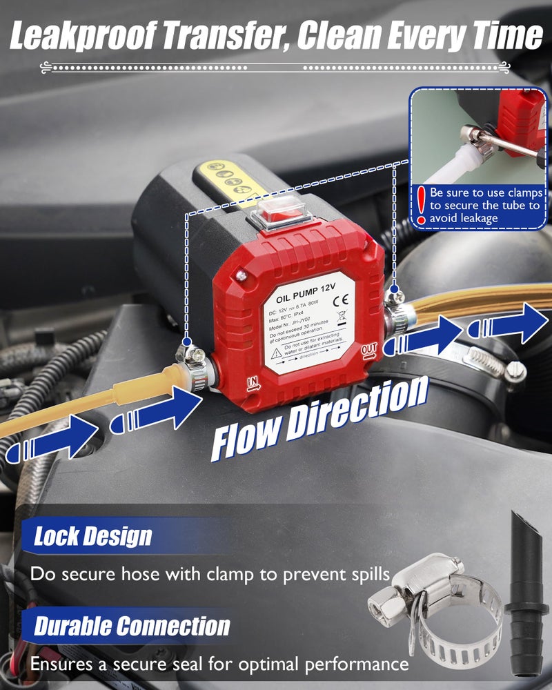 FAITIO Oil Extractor Pump 12V 80W, Upgraded Electric Engine Oil Pump w/ Auto Overload, Oil Change Pump for Motor Oil, Gear Oil, Transmission Fluid, Lube, Fluid Transfer Pump for Car, Mower, Marine, Red - Image 4