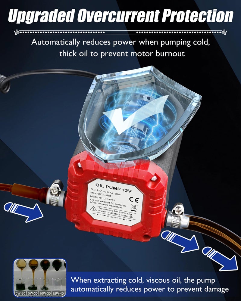 FAITIO Oil Extractor Pump 12V 80W, Upgraded Electric Engine Oil Pump w/ Auto Overload, Oil Change Pump for Motor Oil, Gear Oil, Transmission Fluid, Lube, Fluid Transfer Pump for Car, Mower, Marine, Red - Image 3