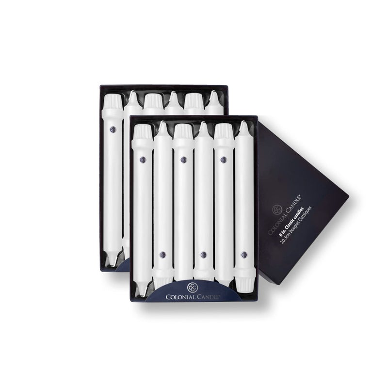 Colonial Candle Unscented Taper Candle, Classic Collection, White, 8 In, Pack of 12 - Up to 6 Hours Burn - Image 1