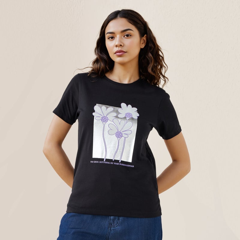 سبلاش فيڤ تيشيرت بياقة دائرية وطبعة زهور - Image 1