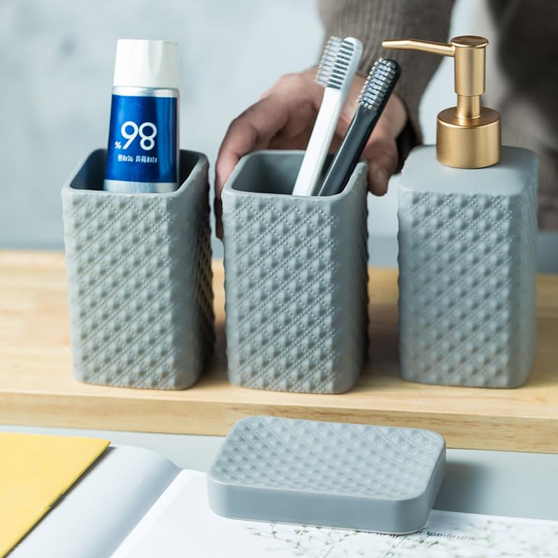 UMAI 4 Pcs Ceramic Bathroom Accessories Set - Tooth Brush Holder, Water Cup (340ml), Soap Dispenser (350ml), Soap Holder Dish for Bathroom (Grey) - Image 1
