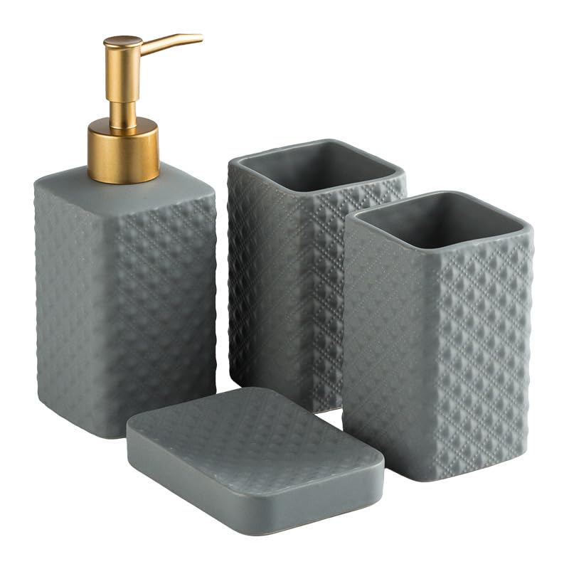 UMAI 4 Pcs Ceramic Bathroom Accessories Set - Tooth Brush Holder, Water Cup (340ml), Soap Dispenser (350ml), Soap Holder Dish for Bathroom (Grey) - Image 2