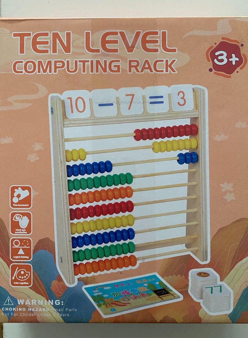 Beauenty Ten Level computing rack , with 100 Math Sticks and 80 Math Cards, Wooden Calculator Slider, Wooden Toy Baby, Montessori Toy, Math with 100 Wooden Beads, Educational Toy Abacus Gifts for Children