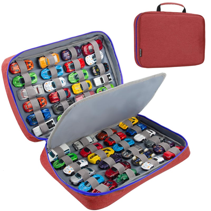 KISLANE Car Storage Case Organizer for 48 Vehicles Portable 164 Scale DieCast Collection Carrying Case with Elastic Slots Travel Storage Bag for Collectors Red - Image 2