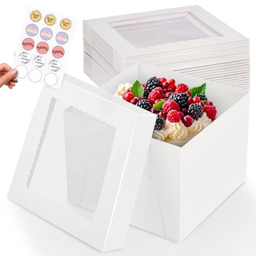 RICCLE 15pcs Cake Boxes, 10x10x8 Inches Tall Cake Box with Window, Large White Bakery Boxes, Baking Boxes, Square Cardboard Cake Box for Multi-Layer Cakes, Cake Decorating Supplies, Valentines Day - Image 1