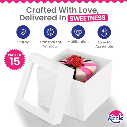 RICCLE 15pcs Cake Boxes, 10x10x8 Inches Tall Cake Box with Window, Large White Bakery Boxes, Baking Boxes, Square Cardboard Cake Box for Multi-Layer Cakes, Cake Decorating Supplies, Valentines Day - Image 2