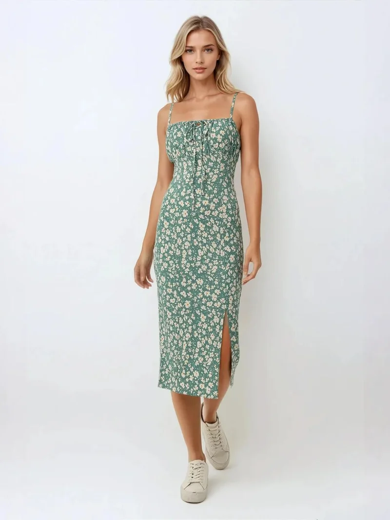 HICCUP Allover Flower Print Bodycon Midi Dress with Slit