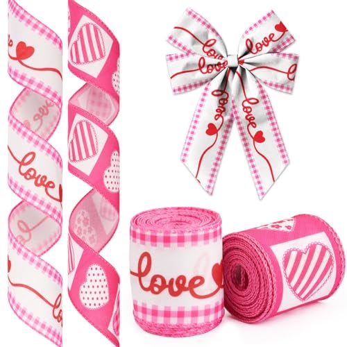 Glodecart Valentine's Day Ribbon for Wreath Bow Wrapping Gift, Wired Pink Hearts 2.5" X 10 Yard Love-Themed Wreath Ribbon - Image 1