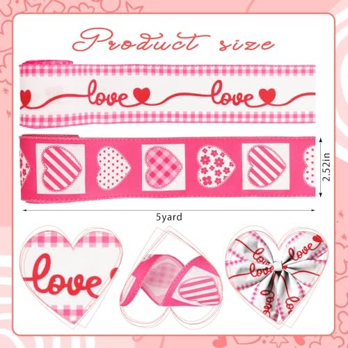 Glodecart Valentine's Day Ribbon for Wreath Bow Wrapping Gift, Wired Pink Hearts 2.5" X 10 Yard Love-Themed Wreath Ribbon - Image 2