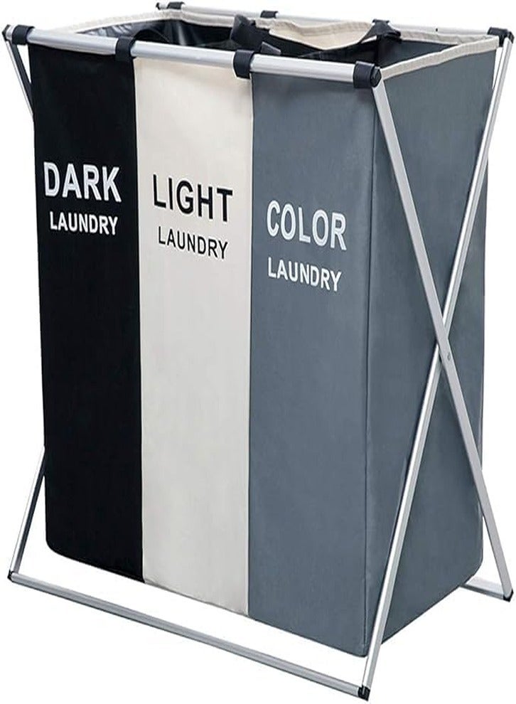 3 Section Dark Light Printed Laundry Hamper Collapsible Sorter/Basket with Waterproof Oxford Bags and Aluminum Frame, Laundry Clothes Storage for Home, Dorm, Multicolor - Image 1