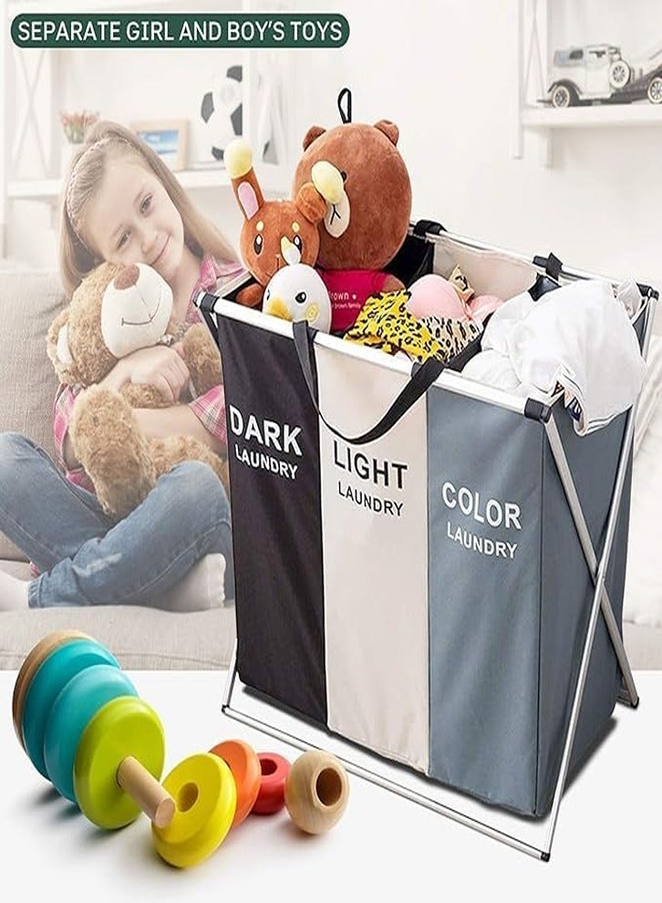 3 Section Dark Light Printed Laundry Hamper Collapsible Sorter/Basket with Waterproof Oxford Bags and Aluminum Frame, Laundry Clothes Storage for Home, Dorm, Multicolor - Image 2