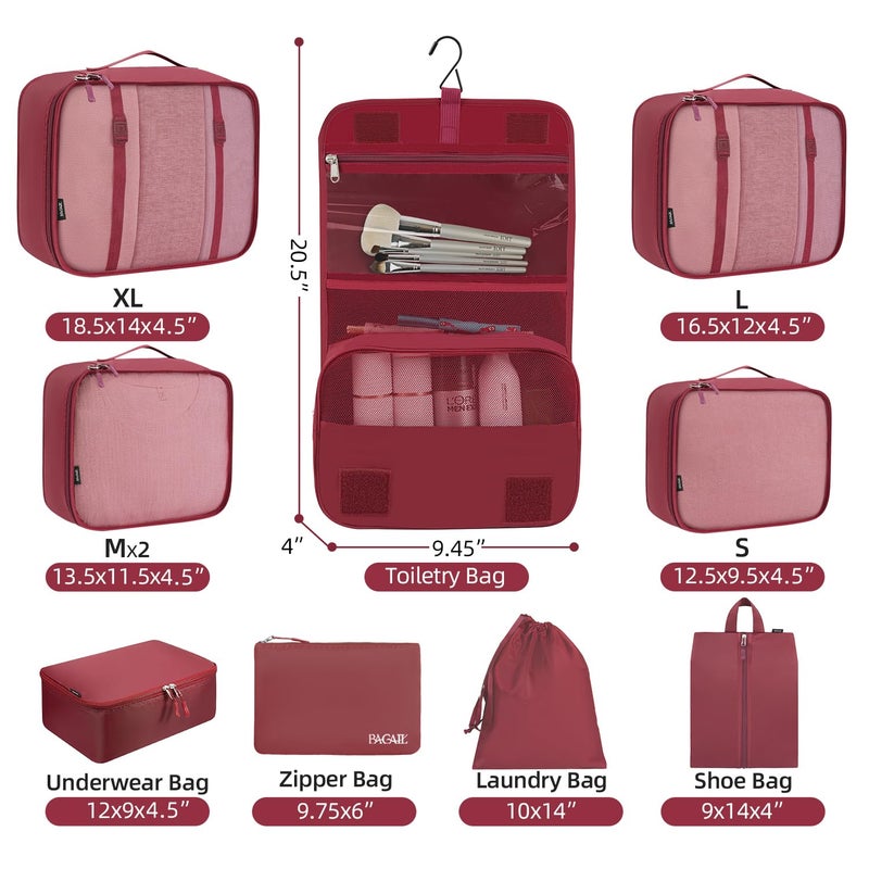 BAGAIL 10 Set Packing Cubes Various Sizes Packing Organizer for Travel Accessories Luggage Carry On Suitcase-Burgundy - Image 2