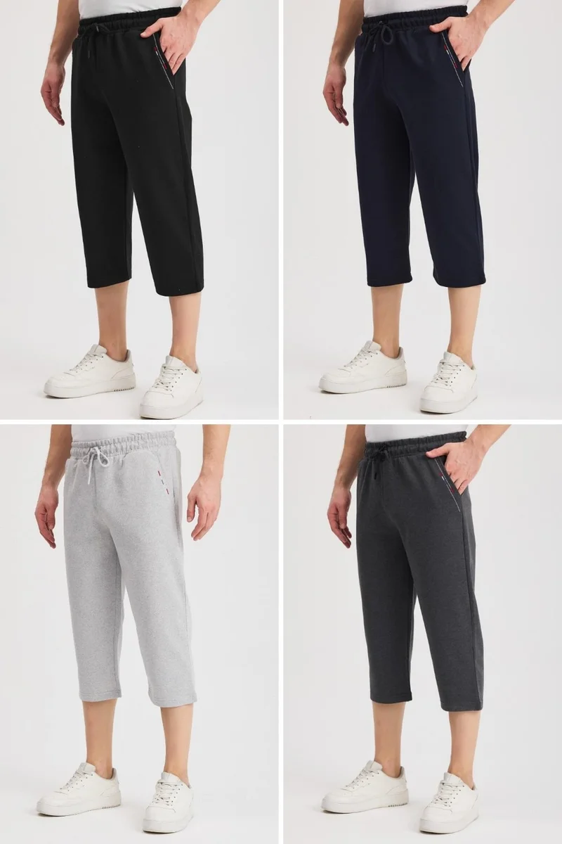 ميتاليك Men's Side Pocket Black-Navy-Grey-Anthracite Bermuda Below Knee Capri Adjustable Elastic Waist 4-Pack Long Shorts