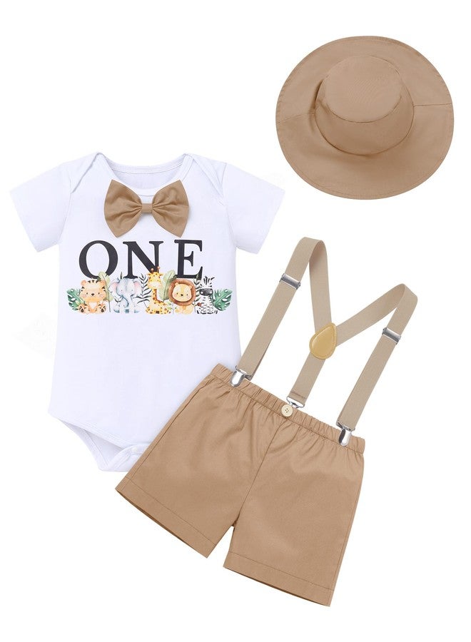 AWIBMK Baby Boy Safari 1st Birthday Outfits Jumgle Theme Cake Smash Photoshoot Outfits Romper Suspender Hat Shorts Set Khaki One 12-18 Months - Image 1