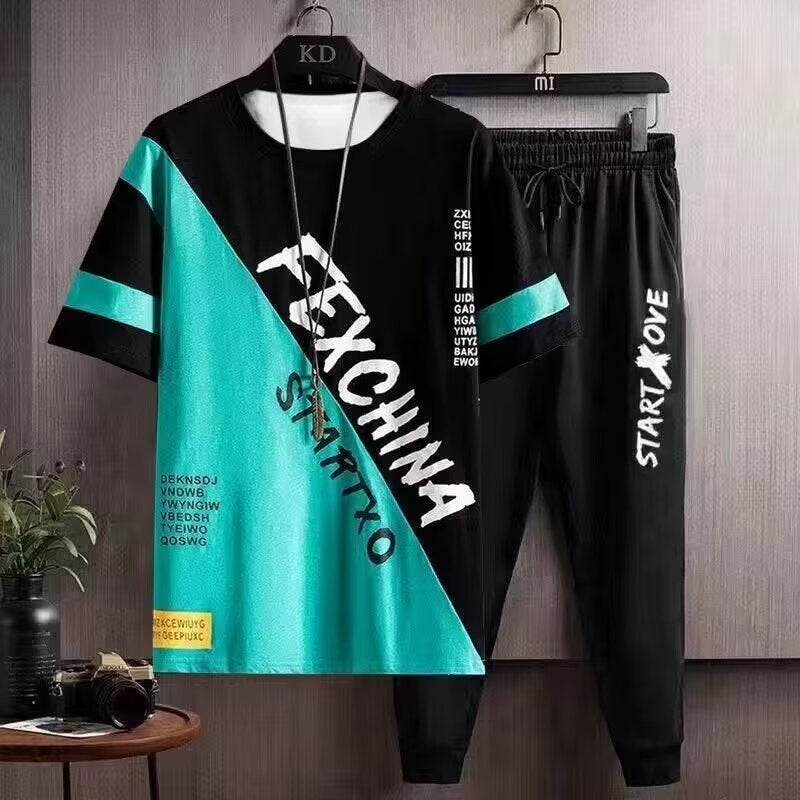 Summer Casual Sports Suit Mens Short Sleeve T-Shirt Trendy Pants Set Green Black Trousers 