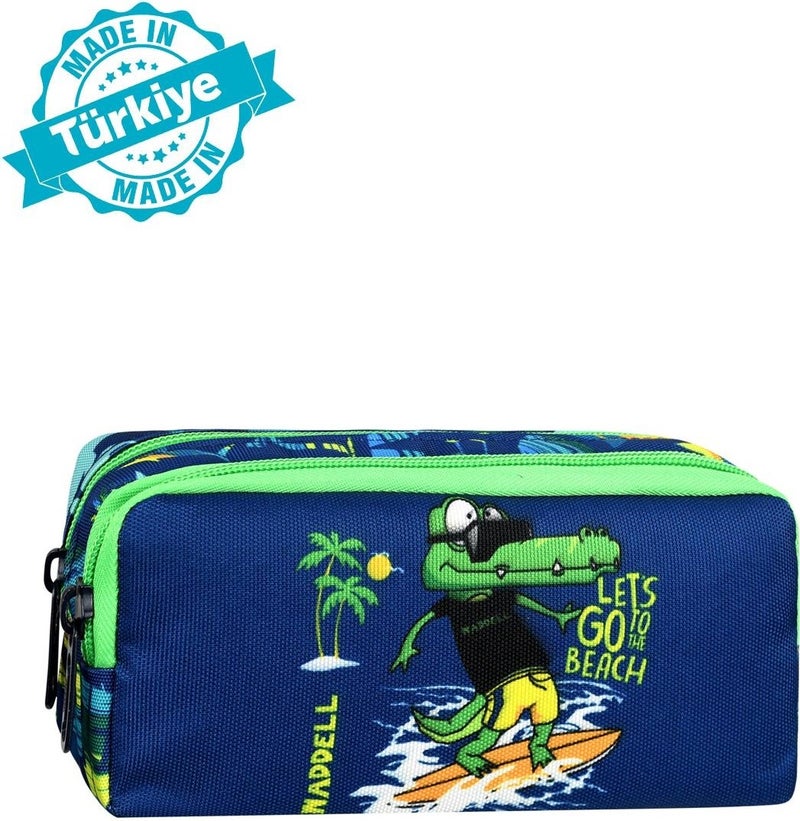 Waddell Licensed Green-Navy Crocodile Patterned 2 Pocket Pencil Case - Image 1